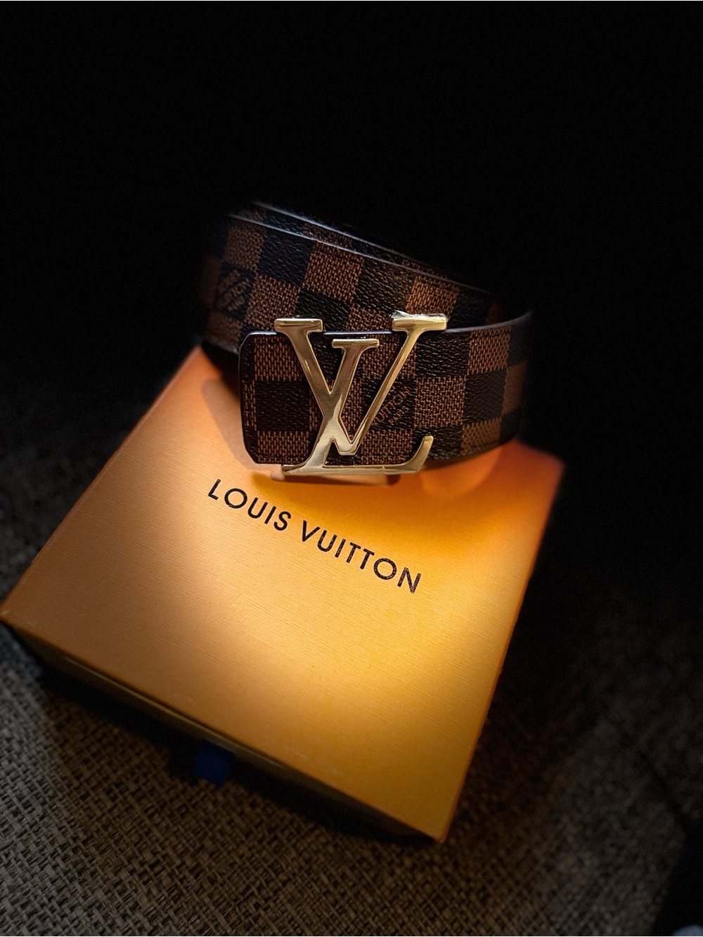 Louis Vuitton Damier Ebene Checkered Belt with Gold LV Buckle
